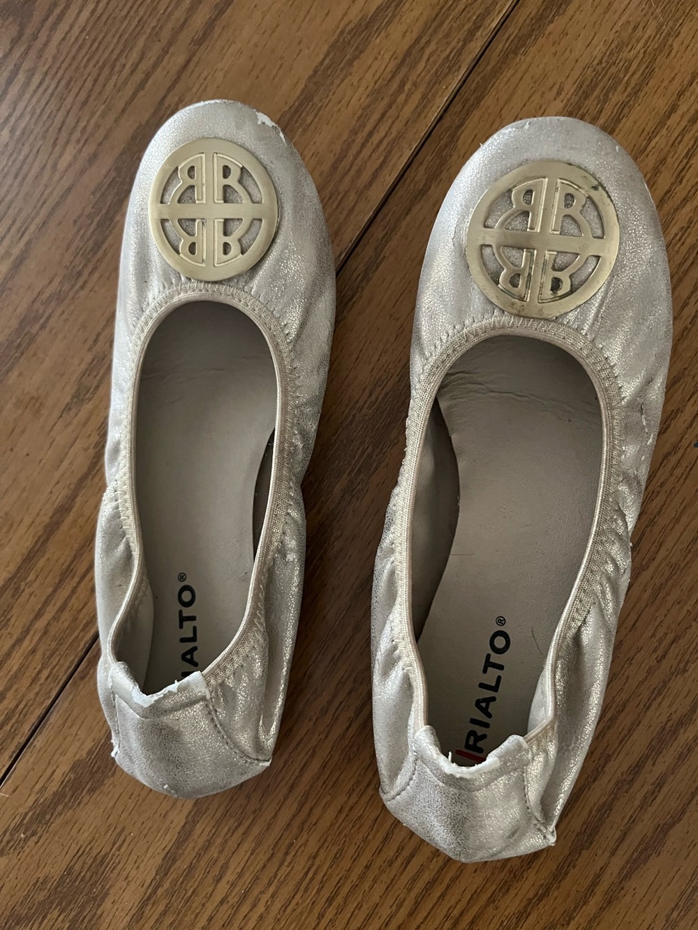 Rialto Metallic Silver Ballet Flats with Gold Emblem